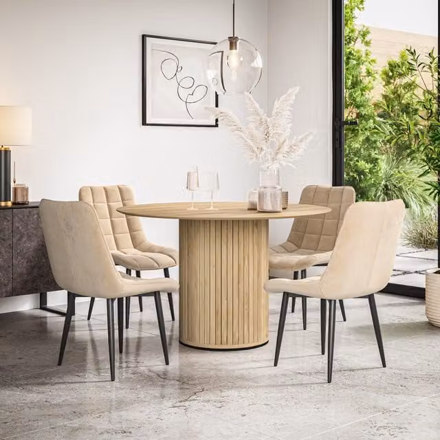 Arlo Modern Round Dining Table Set with 6 Velvet Chairs in Beige
