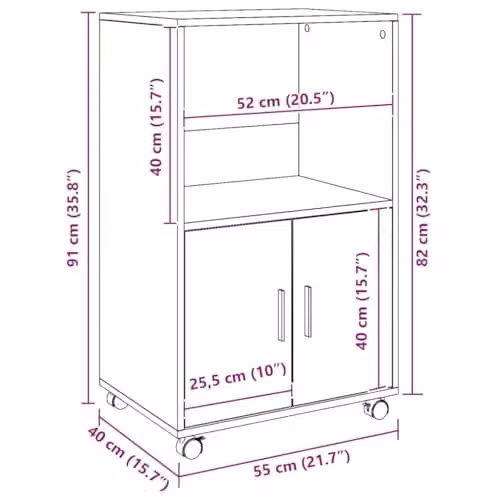 vidaXL Rolling Cabinet in Artisan Oak, Brown Engineered Wood, W/D/H: 55 x 40 x 91 cm – 3