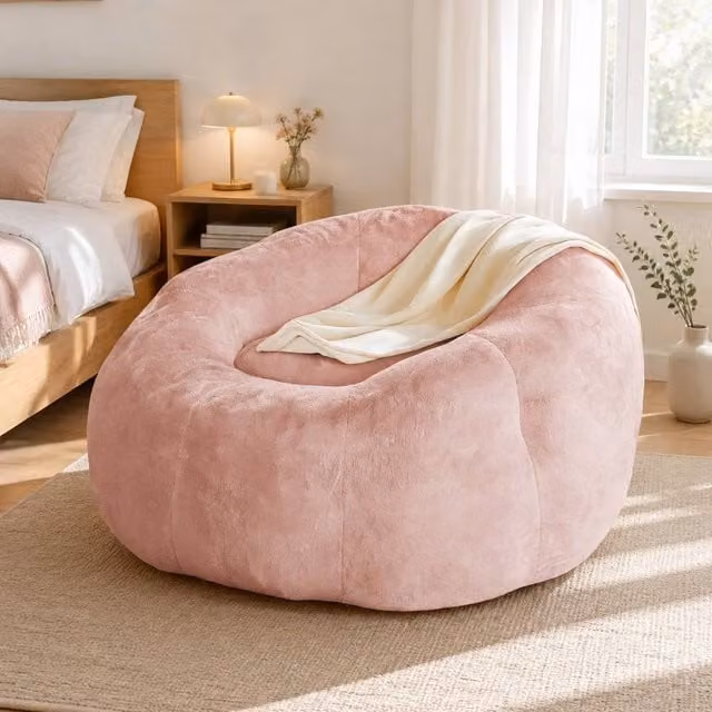 STILVORA Oversized Adult Bean Bag Sofa in Pink with Plush Fleece and Ergonomic Curve Design