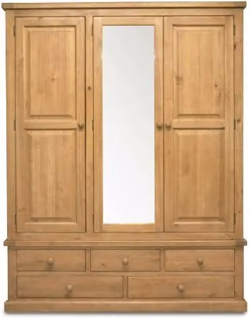 Archers Langdale Large Triple Mirrored Wardrobe in Rustic Brown Pine Wood with 3 Doors and 5 Drawers