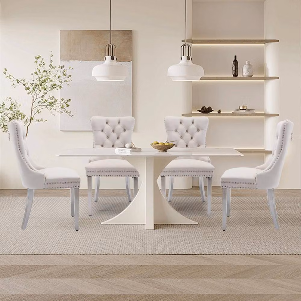 HomeTouch Set of 2 Luxie Velvet Dining Chairs with Metal Legs in Beige – 3