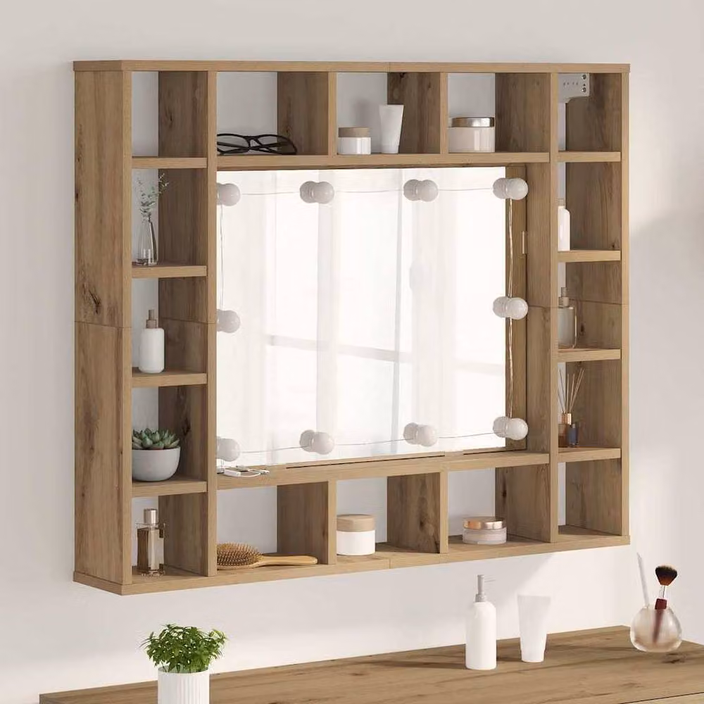 Berkfield Home Artisan Oak Mirror Cabinet in Brown with LED Lighting, W: 76.5 cm, H: 76.5 cm, D: 15 cm – 2