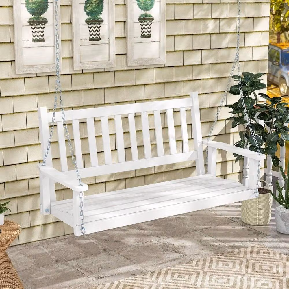 Kelvenix 2-Person Porch Hanging Swing Chair in White with Armrests and Lacquered Treated Hardwood Frame – 2
