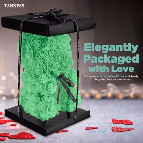 Tanness 25cm Artificial Rose Bear with Transparent Gift Box in Green – 4