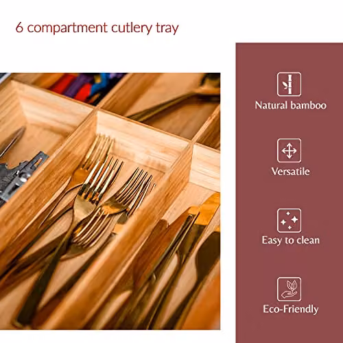 Innoteck Bamboo Cutlery Tray with 6 Compartments in Brown – 2