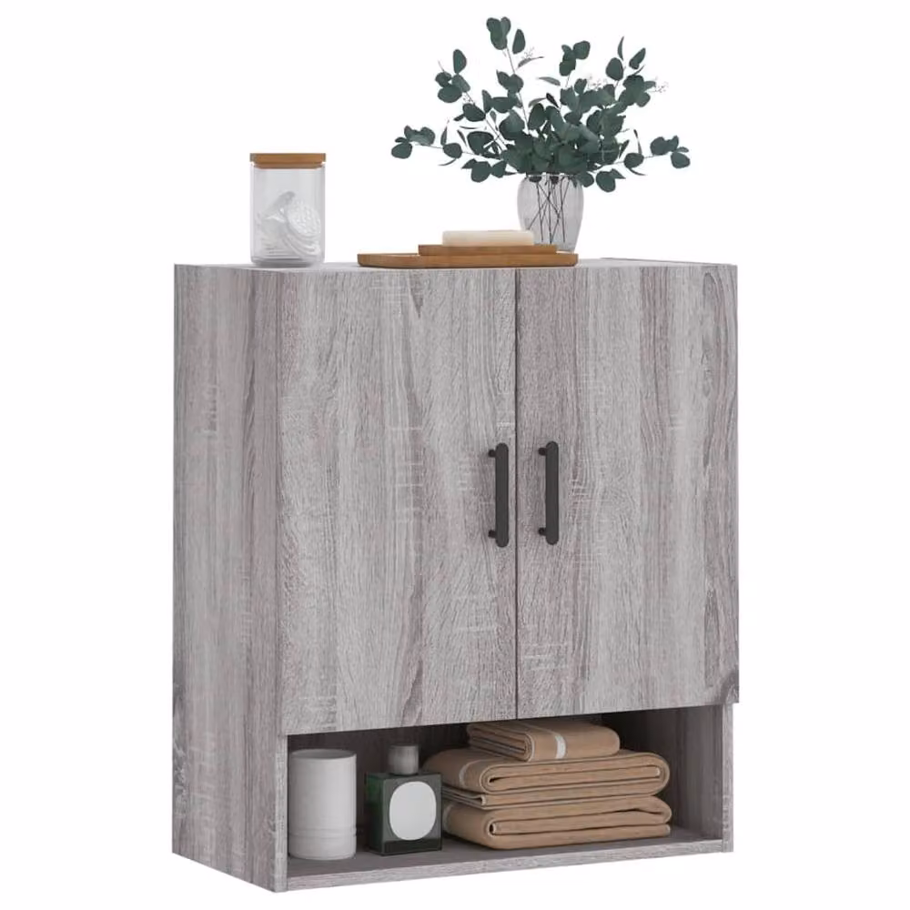 Berkfield Home Grey Sonoma Wall Mounted Cabinet with Hinged Doors and Open Shelf, W: 60 cm, D: 31 cm, H: 70 cm – 2