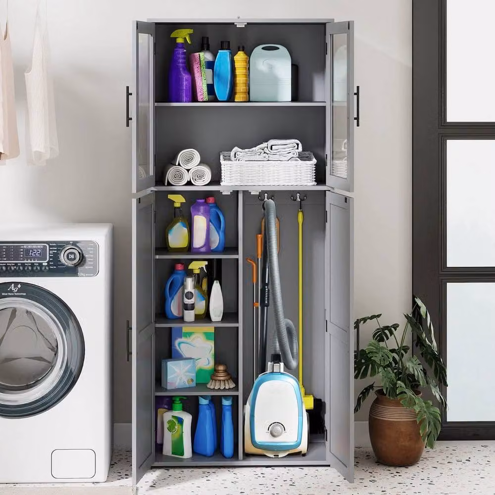 Kelvenix Modern Grey Freestanding Broom and Utility Storage Cabinet with Glass Doors and Internal Shelves – 3