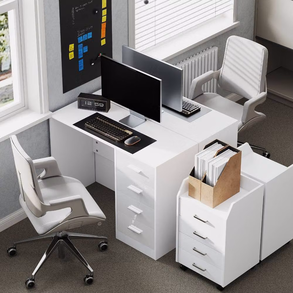 Rolipo High Gloss Computer Desk with Drawer Unit in White – 7