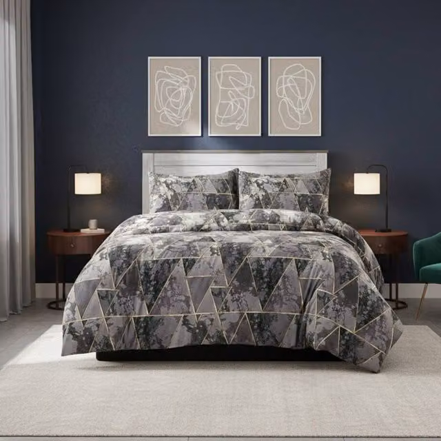 Snug City Grey Geometric Triangle Duvet Cover and Pillowcase Set, W: 140 cm, L: 200 cm – 1