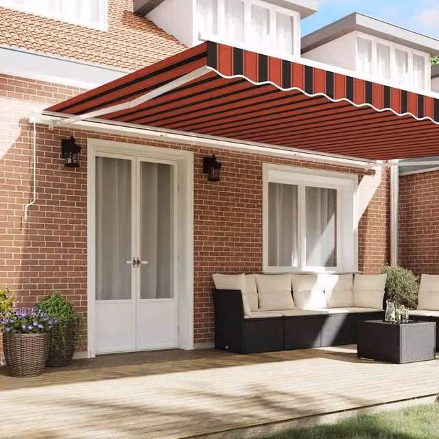 Berkfield Home Manual Retractable Folding Arm Awning in Red, Orange and Brown Striped Polyester, W: 500 cm, D: 300 cm – 1