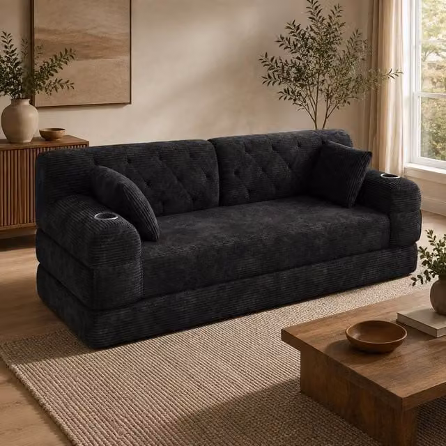 STILVORA Modern Upholstered Sleeper Sofa in Black with Cup Holders and Fold-Flat Function – 1