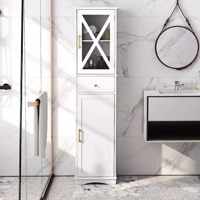 COSTWAY Modern White and Gold Freestanding Bathroom Storage Cabinet with Glass Doors and Internal Shelves, H 168 x W 30 x D 30 cm