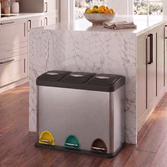 SONGMICS 3-in-1 Stainless Steel Kitchen Waste Bin with Pedals and Removable Inner Bucket, Silver and Grey
