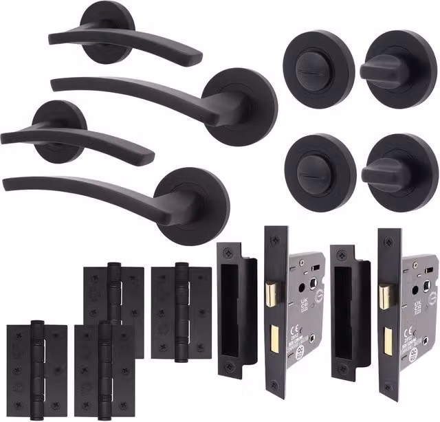 AFIT Matt Black Aluminium Bathroom Door Handle and Hinge Set, 2 Pack – 1