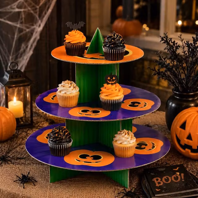 Orsina Funky Pumpkin 3 Tier Cardboard Cake Stand, Multicolour Festive Dessert Display Stand – 2