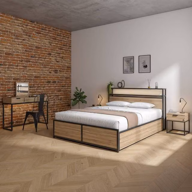XR Living Denver Ottoman Bed with App Controlled LED Lighting and Bedside Shelf, Oak, W/D/H: 180 x 200 cm
