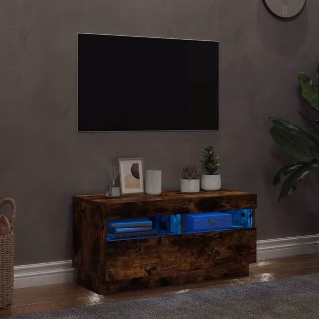Berkfield Home TV Cabinet with LED Lights in Smoked Oak Brown, W/D/H: 80 x 35 x 40 cm