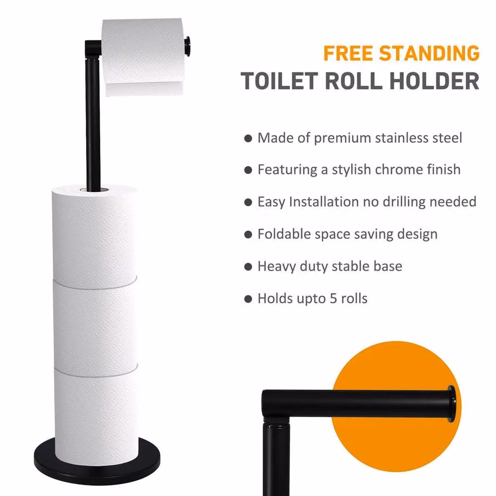 FLAVORA Black 2 in 1 Freestanding Toilet Paper Holder with Spare Roll Holder and Stainless Steel Base, W: 180 cm, H: 180 cm – 2