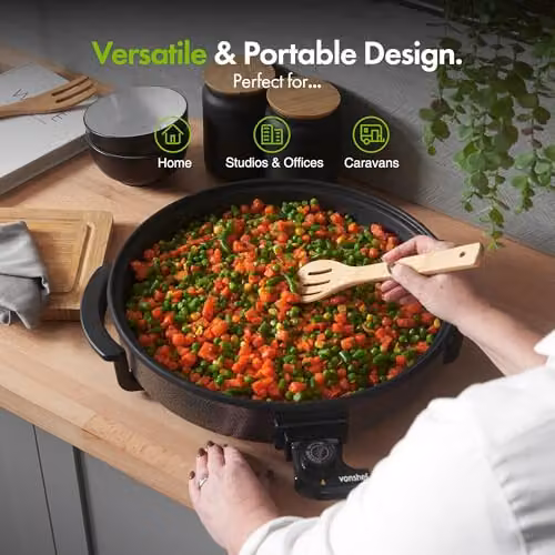 VonShef 6L Electric Frying Pan with Glass Lid, Black, 42cm Diameter, 1500W – 6