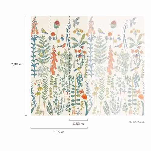 Grandeco Spring Meadow Flower Painted Sprig 3 Lane Repeatable Wallpaper Mural, Multicolour, W: 280 cm, H: 159 cm – 2