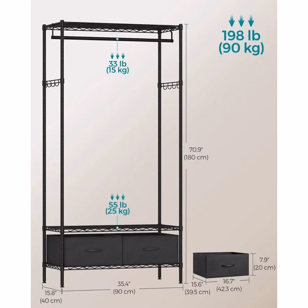 KORVIXA Heavy-Duty Metal Clothes Rail in Matt Black, W/D/H: 50 x 50 x 180 cm – 2