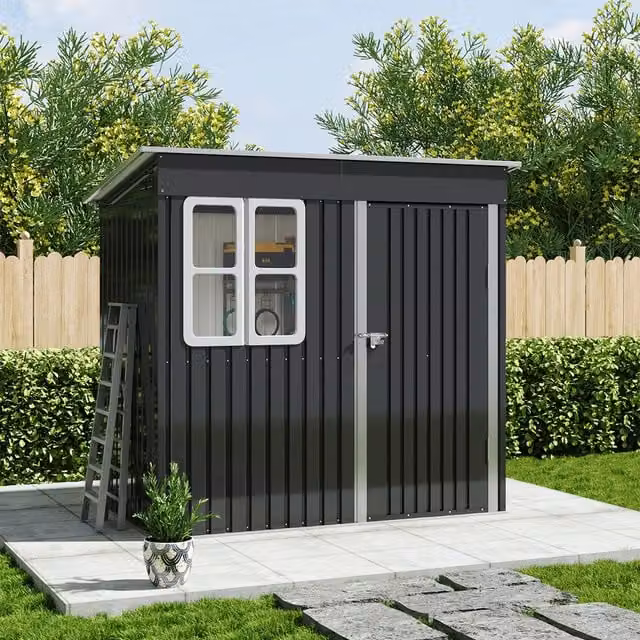Livingandhome Metal Pent Garden Shed with Window and Side Vent in Black and White, Height: 213 cm