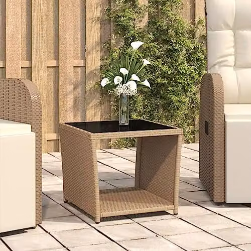 vidaXL Modern Beige Poly Rattan Garden Tea Table with Tempered Glass Top, W: 45 cm, D: 45 cm, H: 40 cm – 2