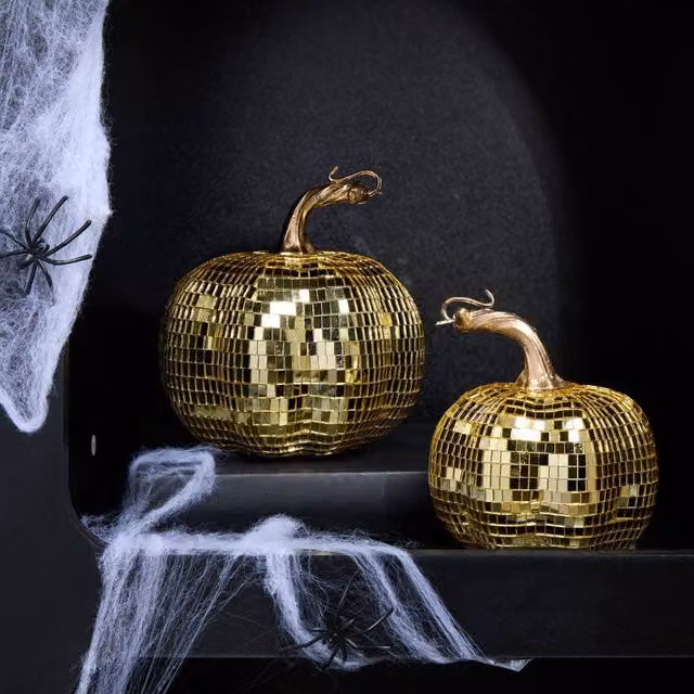 OHS 2 Pack Gold Halloween Pumpkin Disco Mirror Ball Freestanding Party Decor – 1