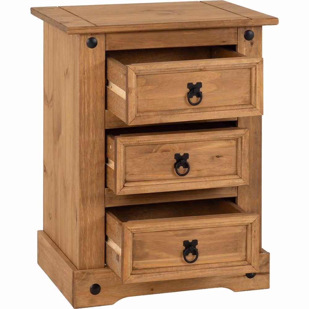 Seconique Corona Essentials 3 Drawer Bedside Cabinet in Brown Distressed Waxed Pine – 2