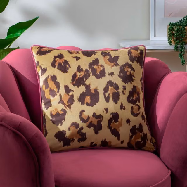 Furn True Leopard Piped Velvet Cushion, Multicolour, W/D/H: 43 x 43 x 43 cm
