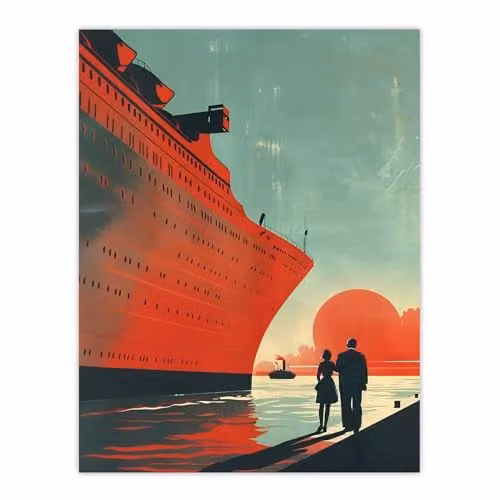 Artery8 Cruise Ship Sunset Harbour Wall Art Poster Print in Red and Blue, 46 x 61 cm