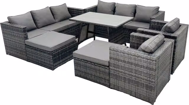 Fimous Rattan Outdoor Dining Set with Table, Sofa and 2 Footstools in Dark Grey, Seats 10
