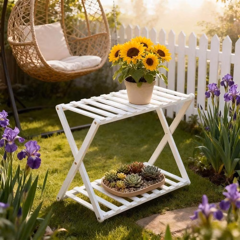 FORGEVIO White 2-Tier Wood Plant Stand for Garden and Balcony – 2