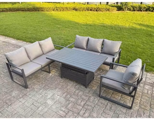 Fimous 7-Seater Aluminum Sofa Dining Set with Lifting Table and Cushions in Dark Grey