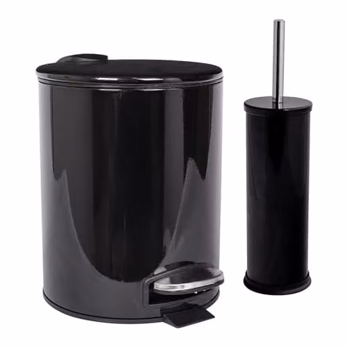 Harbour Housewares 5L Round Stainless Steel Pedal Bin and Toilet Brush Set in Black