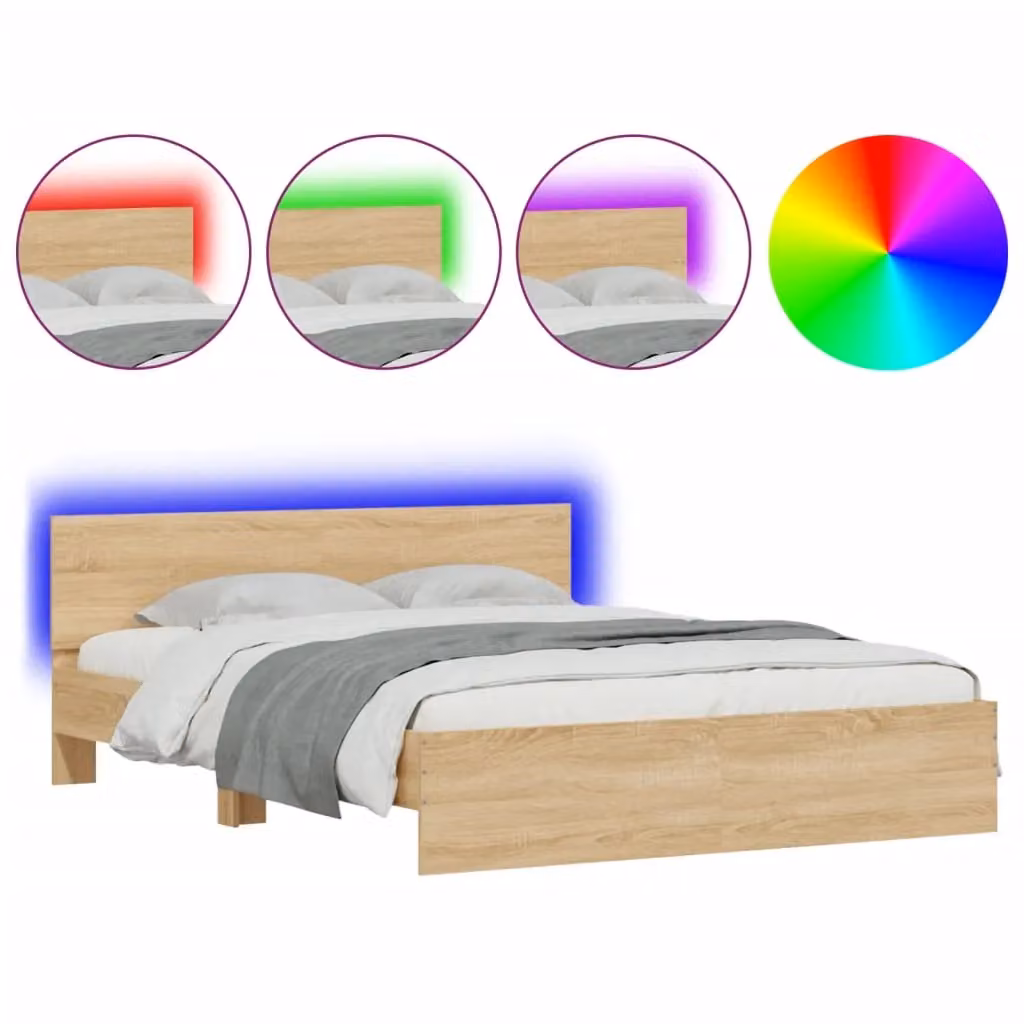 Berkfield Home Sonoma Oak Bed Frame with LED Under-Bed Lighting and USB Charging Port, Brown, W: 160 cm, D: 200 cm – 2