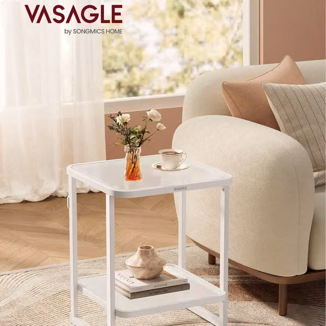 VASAGLE Modern LED Side Table with Frosted Glass and Storage in White