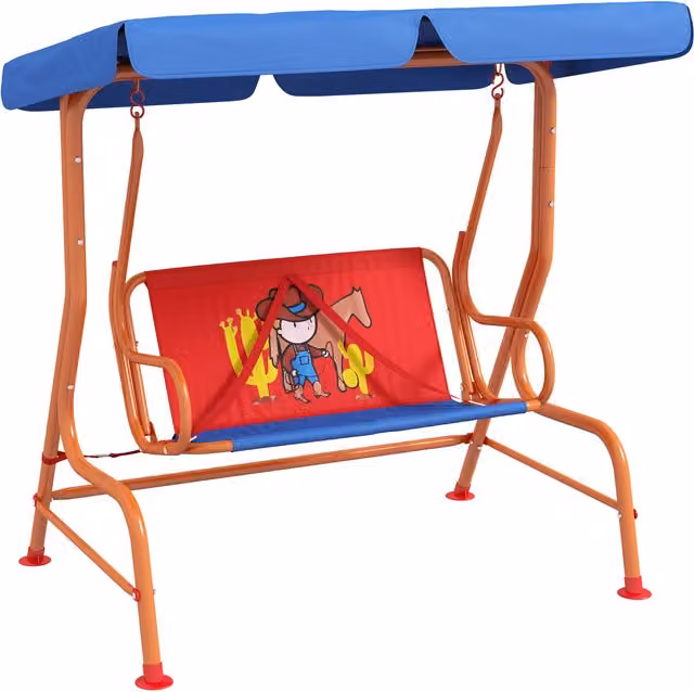 Outsunny Cowboy Themed Two Seater Kids Garden Swing Chair with Adjustable Canopy and Safety Belts – 1