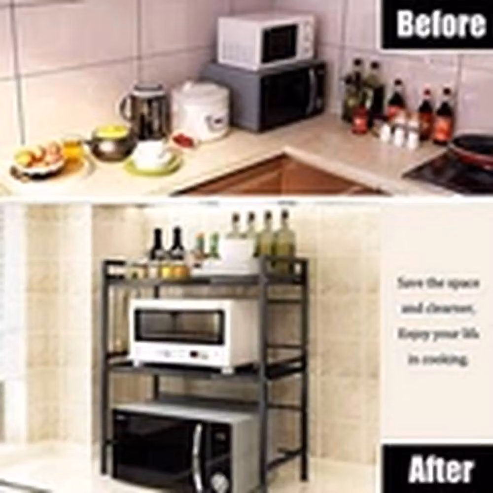 EONLION 3-Tier Expandable Metal Microwave Stand and Kitchen Corner Storage Shelf, Black, H 65 x W 40 x D 15 cm – 4