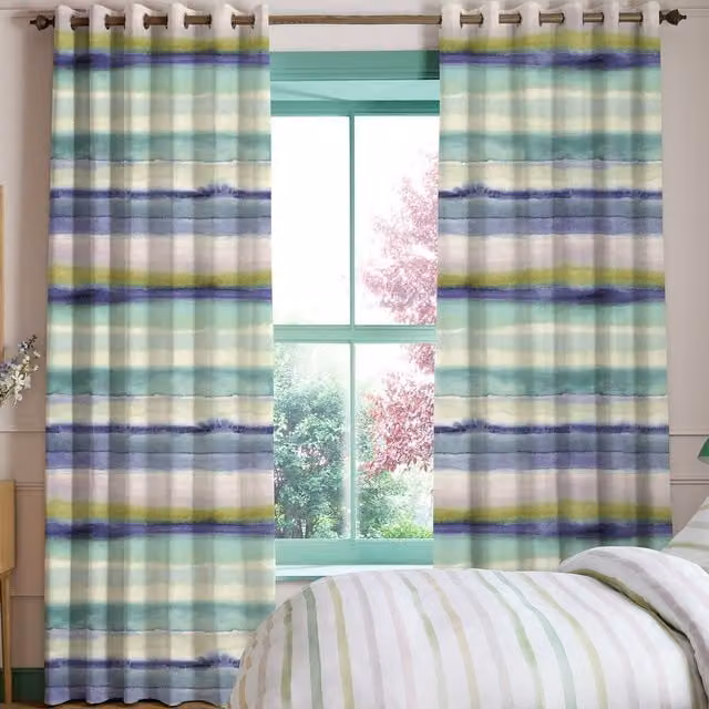 Bluebellgray Hebrides Made To Measure Blackout Eyelet Curtains in Atlantic Blue and Turquoise Striped Cotton