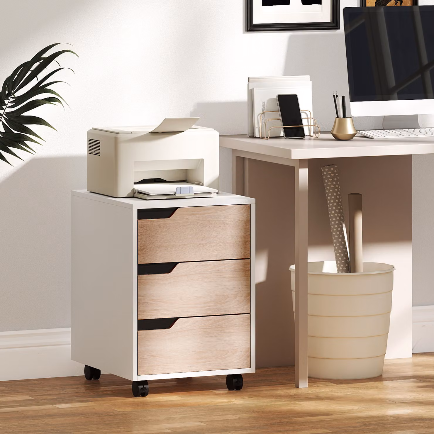 HOMCOM Mobile File Cabinet with 3 Lockable Drawers, Oak and White MDF Office Storage Unit – 7