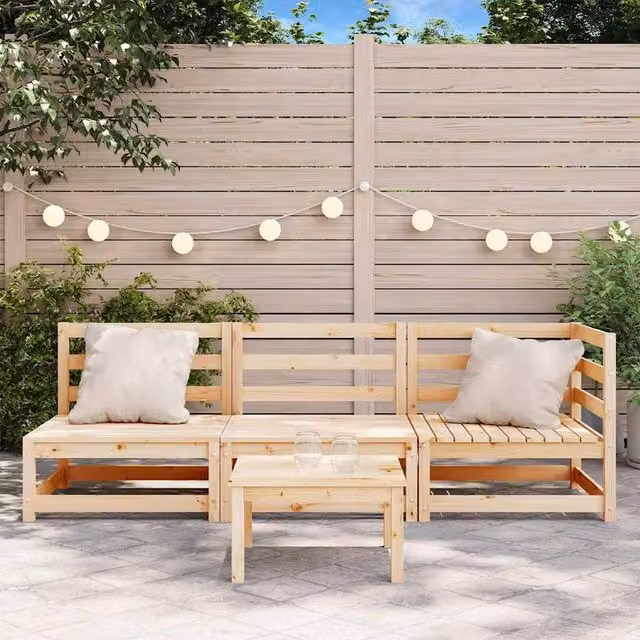 Berkfield Home L-Shape 3-Seater Garden Sofa in Natural Solid Pine with Beige Fabric Cushions W/D/H: 210 x 70 x 67 cm