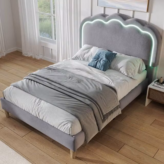 Merax 3FT Single Velvet Upholstered Bed with LED Adjustable Headboard and Integrated Reading Light in Grey, W/D/H: 90 x 190 cm – 1