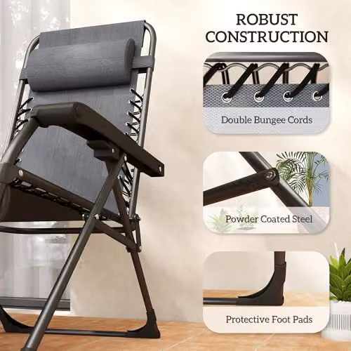 Outsunny Set of 2 Zero Gravity Garden Chairs in Grey with Adjustable Headrest, Side Tray and Cup Holders – 9