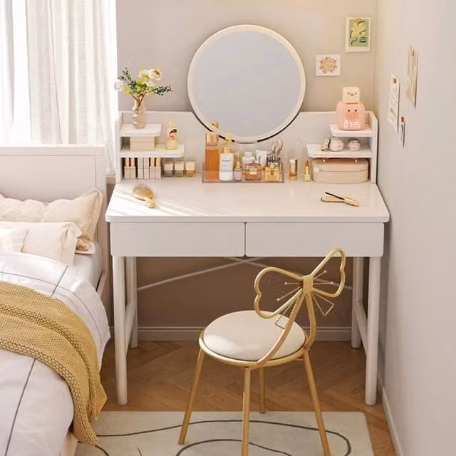 FORGEVIO Modern Dressing Table with Mirror and 2 Drawers, White, W/D/H: 126 x 40 x 40 cm