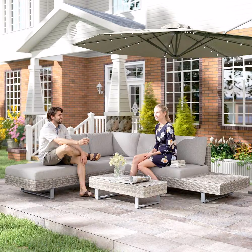 Outsunny 3 Piece Grey Rattan Wicker Sofa Set with Tea Table and Cushions – 3