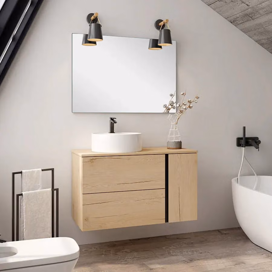 Banyetti Evora 800mm Wall Hung Vanity with Matching Worktop, Natural Oak in Light Brown – 2
