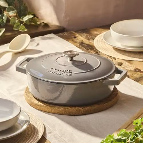 Cooks Professional Grey Enamelled Cast Iron Shallow Casserole Dish with Lid and Handles, 4.3 l, 28 cm – 2