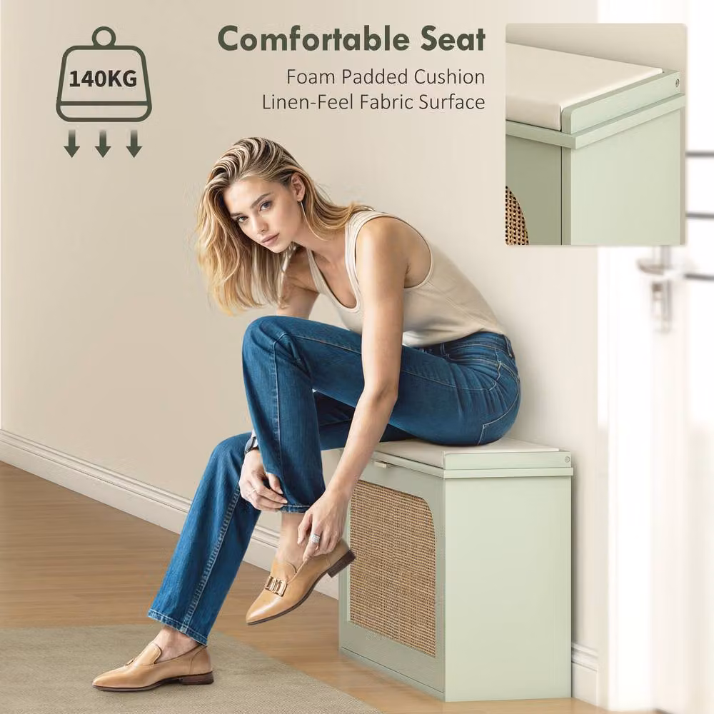 STILVORA Green Shoe Bench with Padded Fabric Seat and Rattan Flip Drawer, W/D/H: 80.0 x 47.5 x 26.0 cm – 3