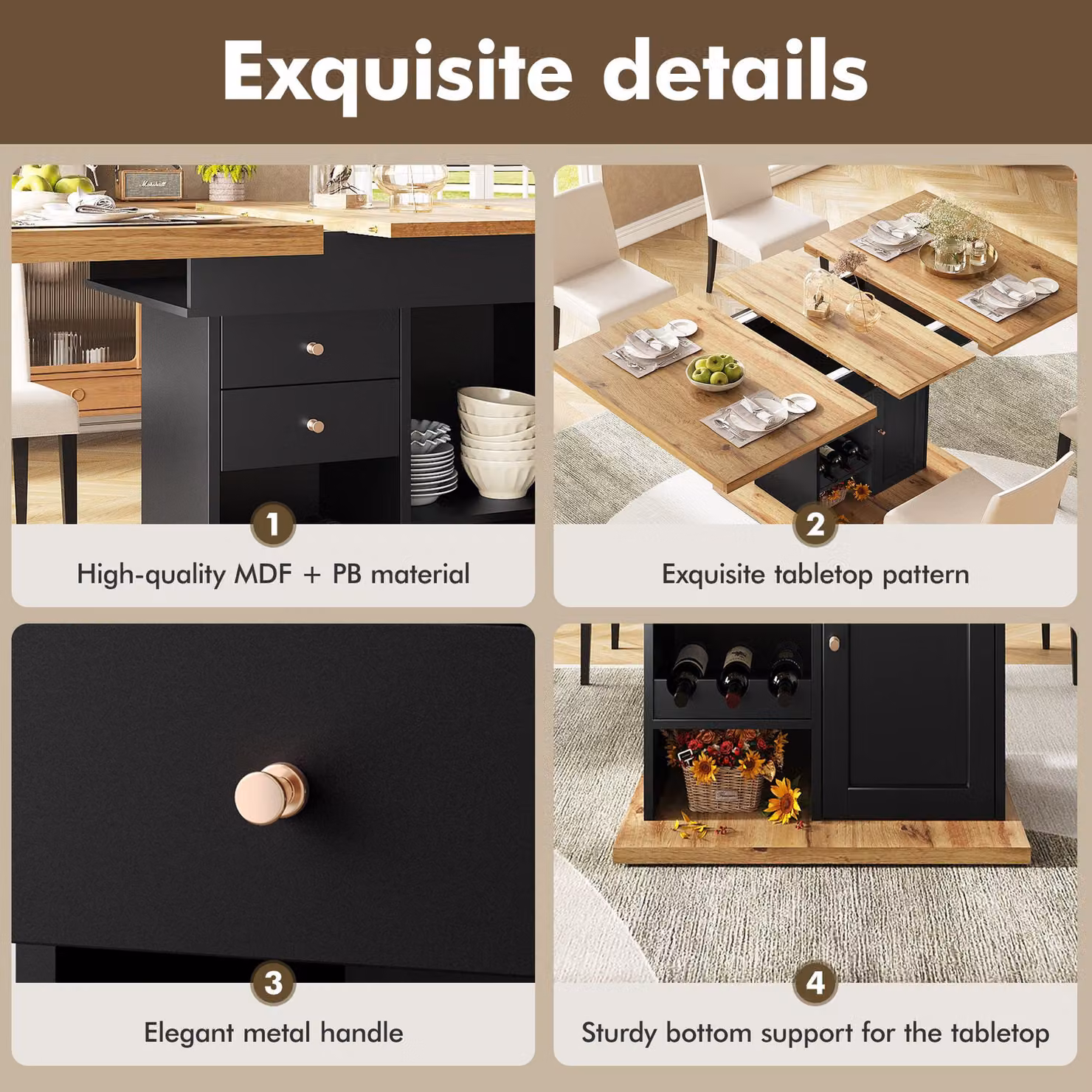 Aosom UK Telescopic Dining Table with Snack Shelf and Wine Rack for 4-6 People, Black and Natural, W: 80 cm, D: 110 cm, H: 75 cm – 5